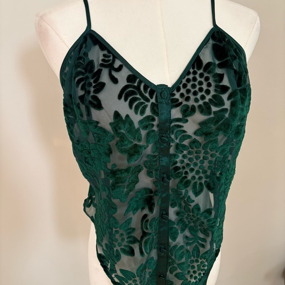 Vtg Lingerie Cacique Silver Label Satin Velour Sheer Bodysuit Green Sz L Sexy - Picture 2 of 10